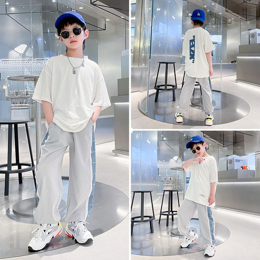 🎈精品童裝🎈FH25062715男童夏季套裝中大童短袖長褲運動夏裝潮帥氣時髦兒童網紅炸街白色