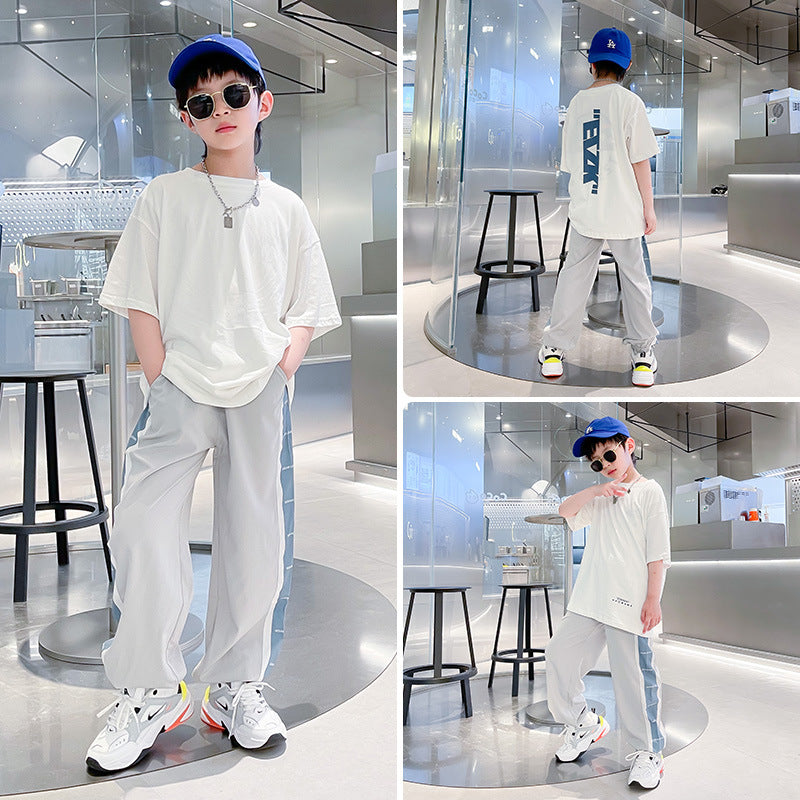 FB24070106男童夏季套裝中大童短袖長褲運動夏裝潮時尚主流兒童網紅炸街白色