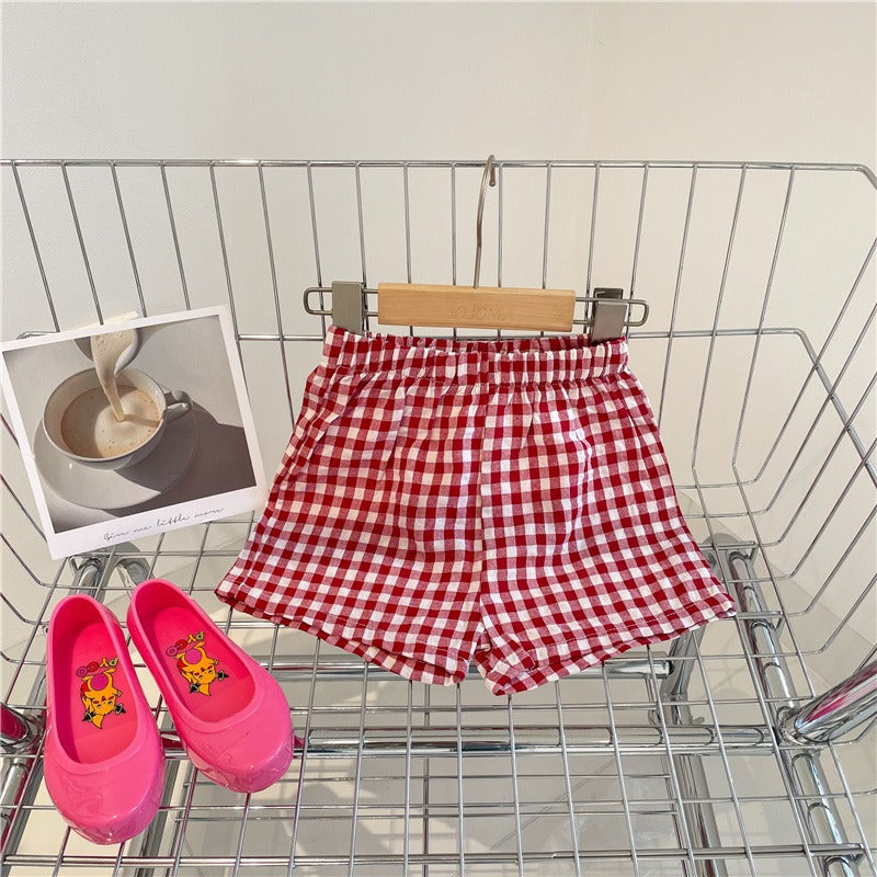 CA23072710夏季沙灘褲外穿百搭格子褲運動褲韓國休閒褲男女童格子短褲