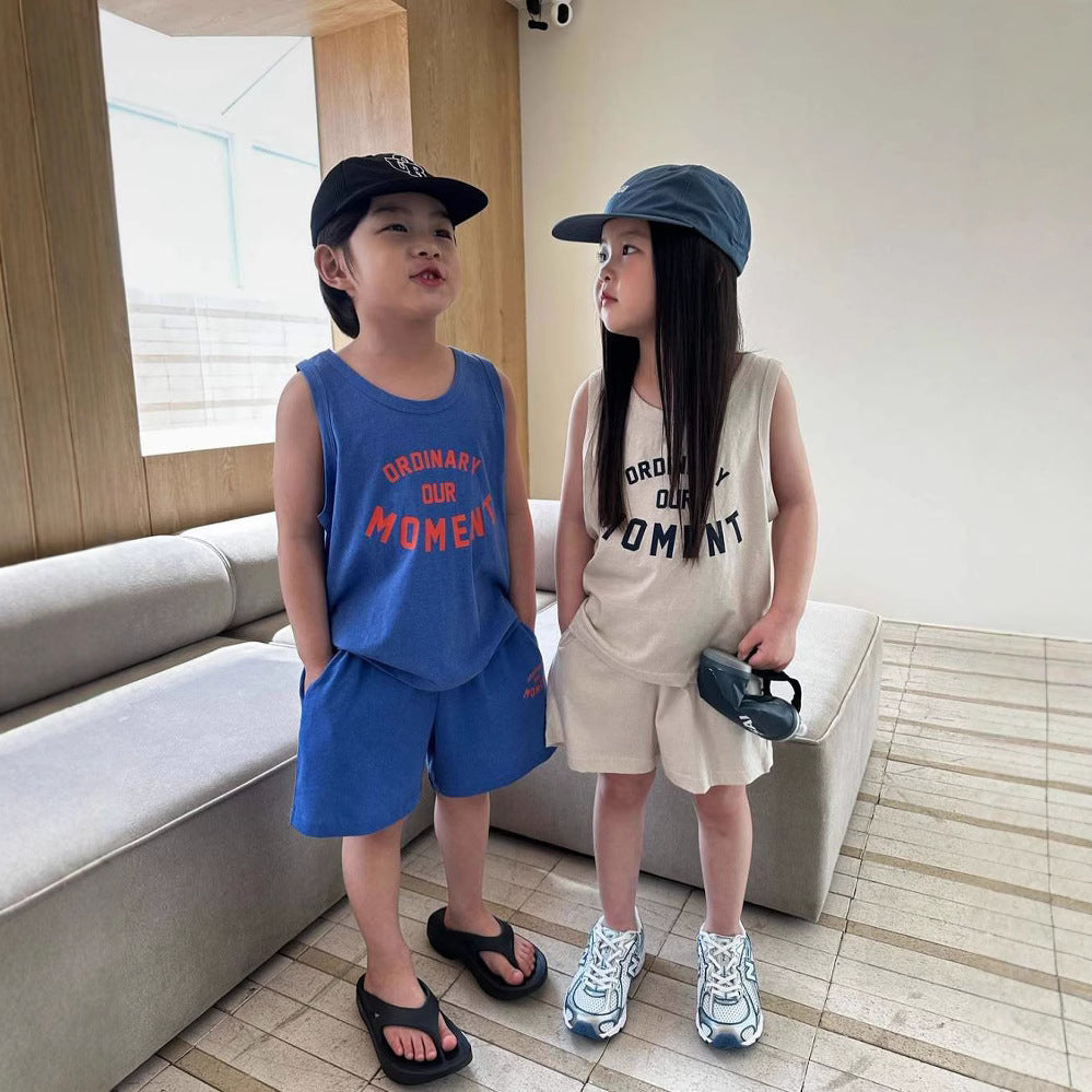 Z25040125歐美跨國童裝兒童字母背心套裝無袖t恤印花圓領男女童夏天兄妹裝