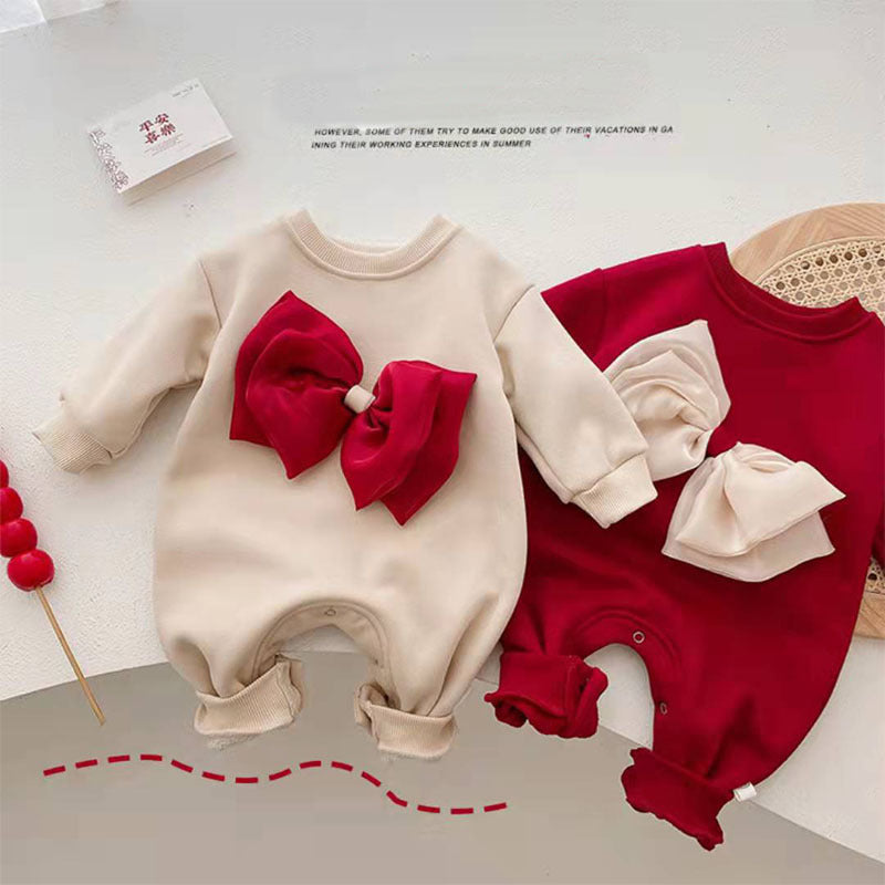 Z23112701韓版ins嬰幼兒拜年服新生兒加絨連身衣爬爬服冬季寶寶蝴蝶結長爬