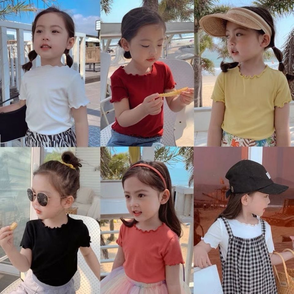CA23072728新款女童木耳邊夏裝寶寶洋氣打底衫短袖冰絲圓領T恤兒童上衣