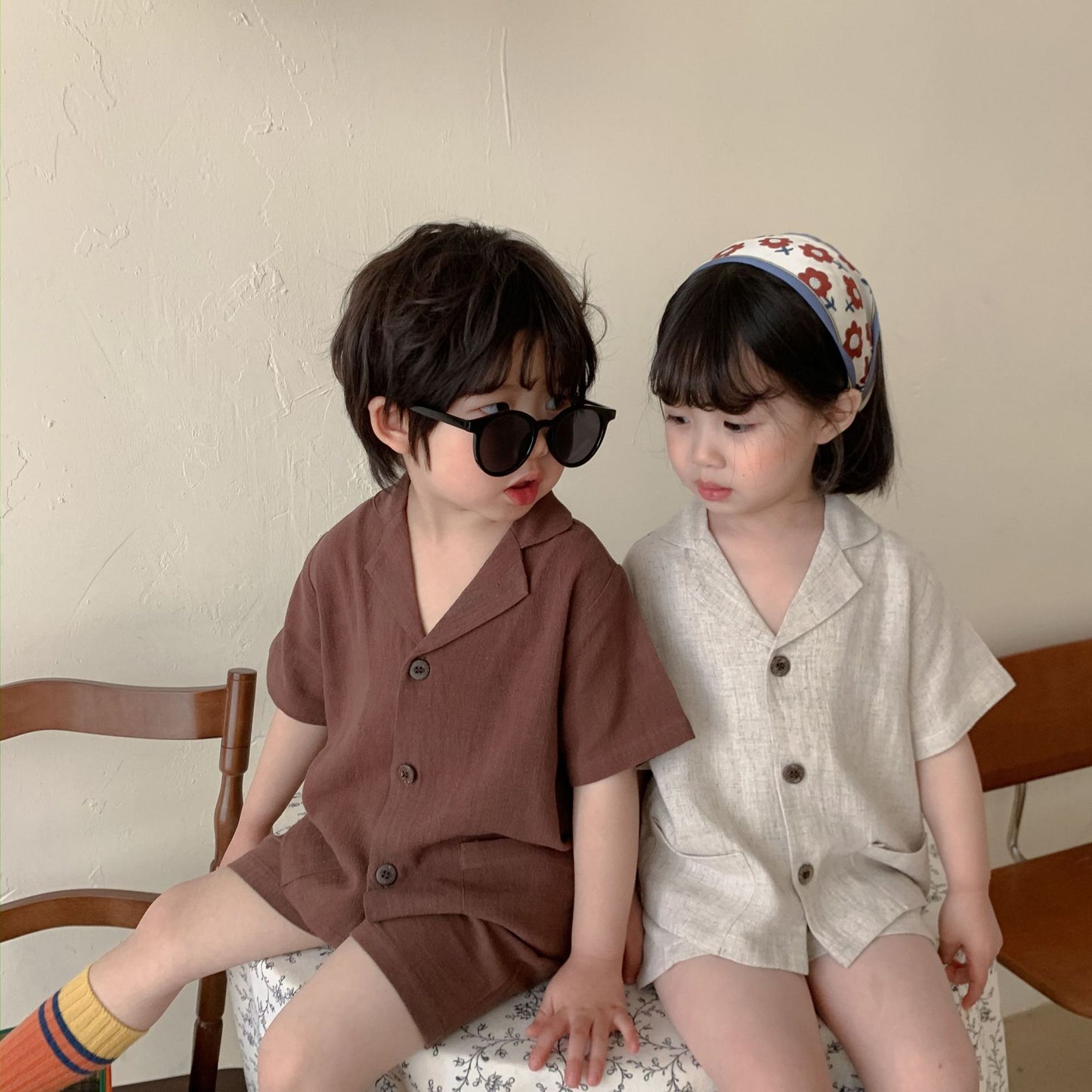 Z25020919韓國童裝兒童時尚韓版套裝男女童童襯衫短袖襯衫短褲兩件套潮