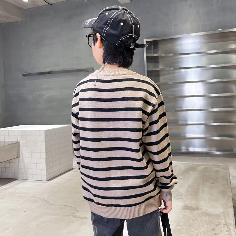 FD24010423春季秋季童裝男女童套頭條紋毛衣兒童針織衫大童寬鬆打底毛線衫潮