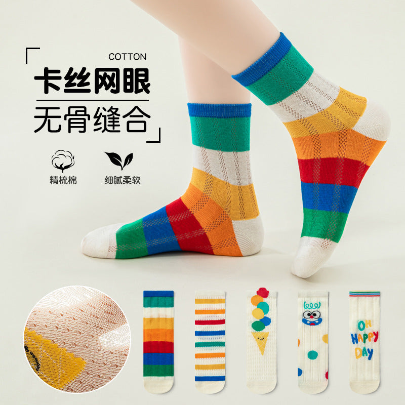 GI25073108春季夏季兒童襪子薄款玻璃絲彩虹條紋女童襪子網眼寶寶襪子批發