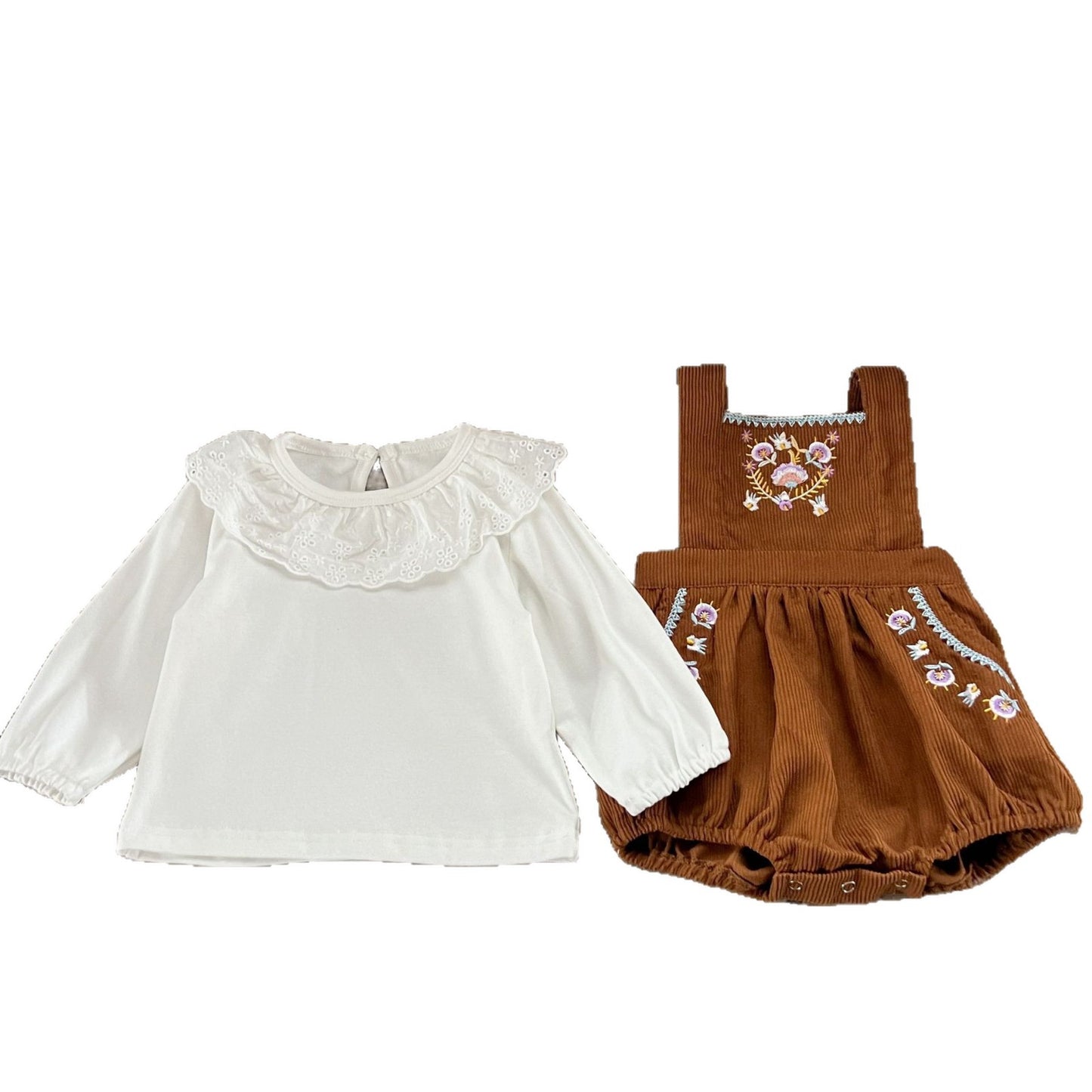 GF25081506  ins韓版女孩寶寶春季秋季花邊打底衫刺繡燈芯絨背帶哈衣兩件套裝