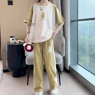 FG25053017網紅女童春秋夏季套裝新款兒童卡通字母短袖女孩休閒褲兩件套裝