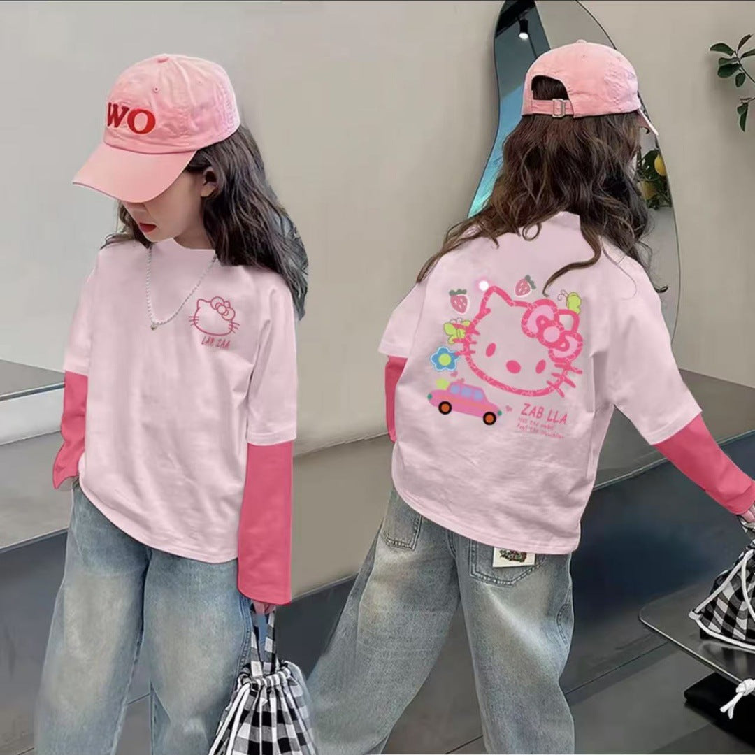 CE25091904純棉女孩拼色可愛長袖T恤秋季網紅潮流卡通動漫燈光打底上衣