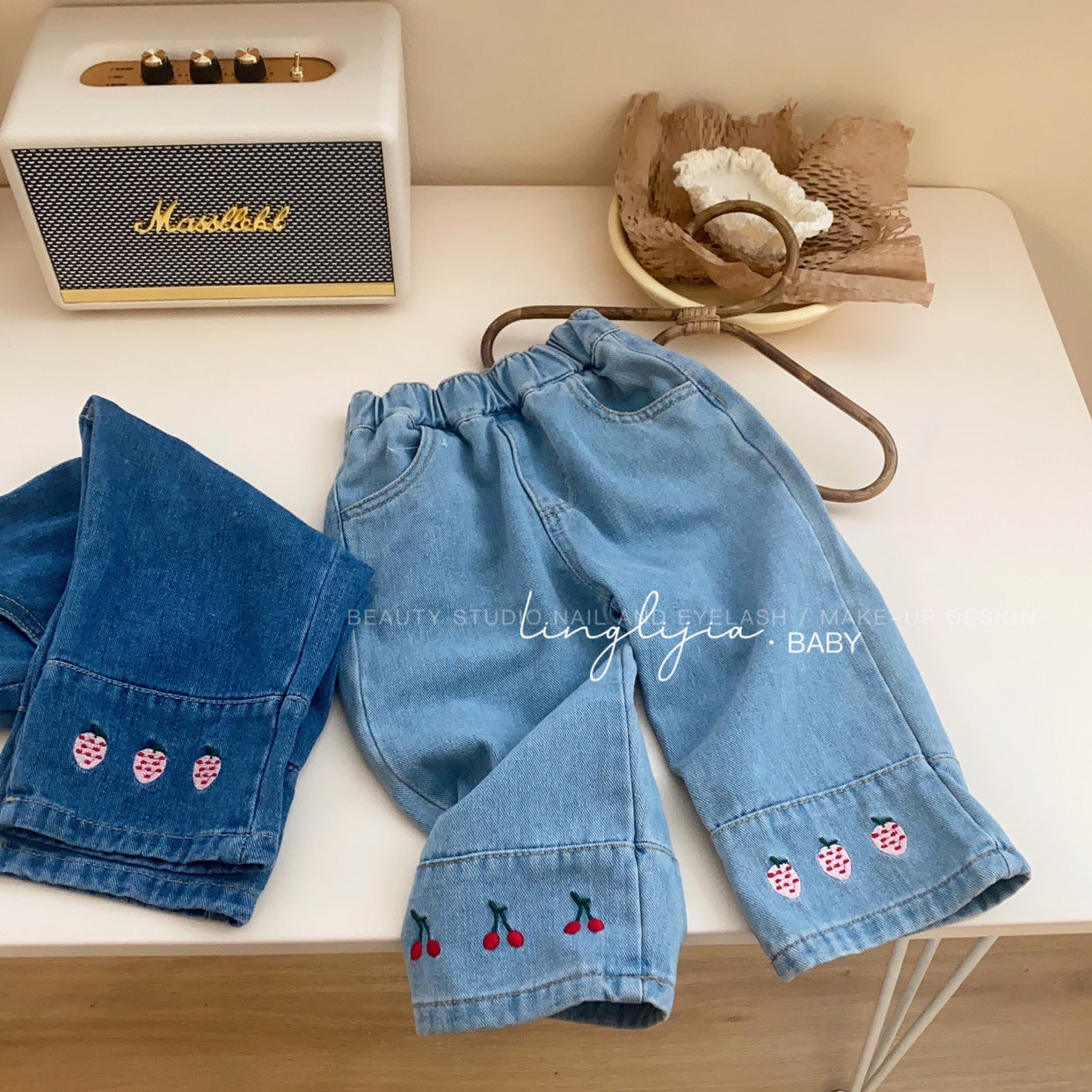 C23083119女童春款牛仔褲春秋季女童韓版刺繡寬鬆牛仔褲寶寶春秋休閒褲