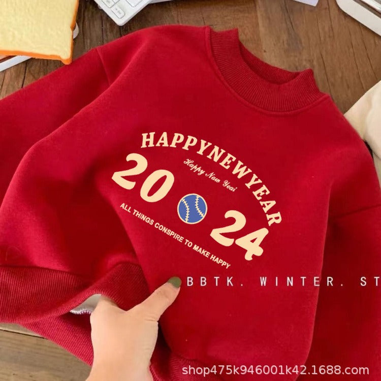 Z23122110批發兒童加絨衛衣圓領龍年拜年男女童紅色t卹上衣2024新年衣服潮(9-12天到貨)