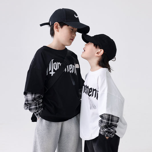 FF24102501新品男童打底衫上衣秋季湖州織裡童裝格紋袖假兩件兒童長袖t恤(9-12天到貨)