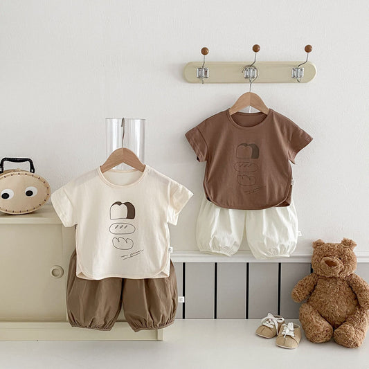 Z25022321夏季薄款男女寶寶短袖T恤上衣嬰幼兒寬鬆短褲褲子韓國版ins童裝套裝