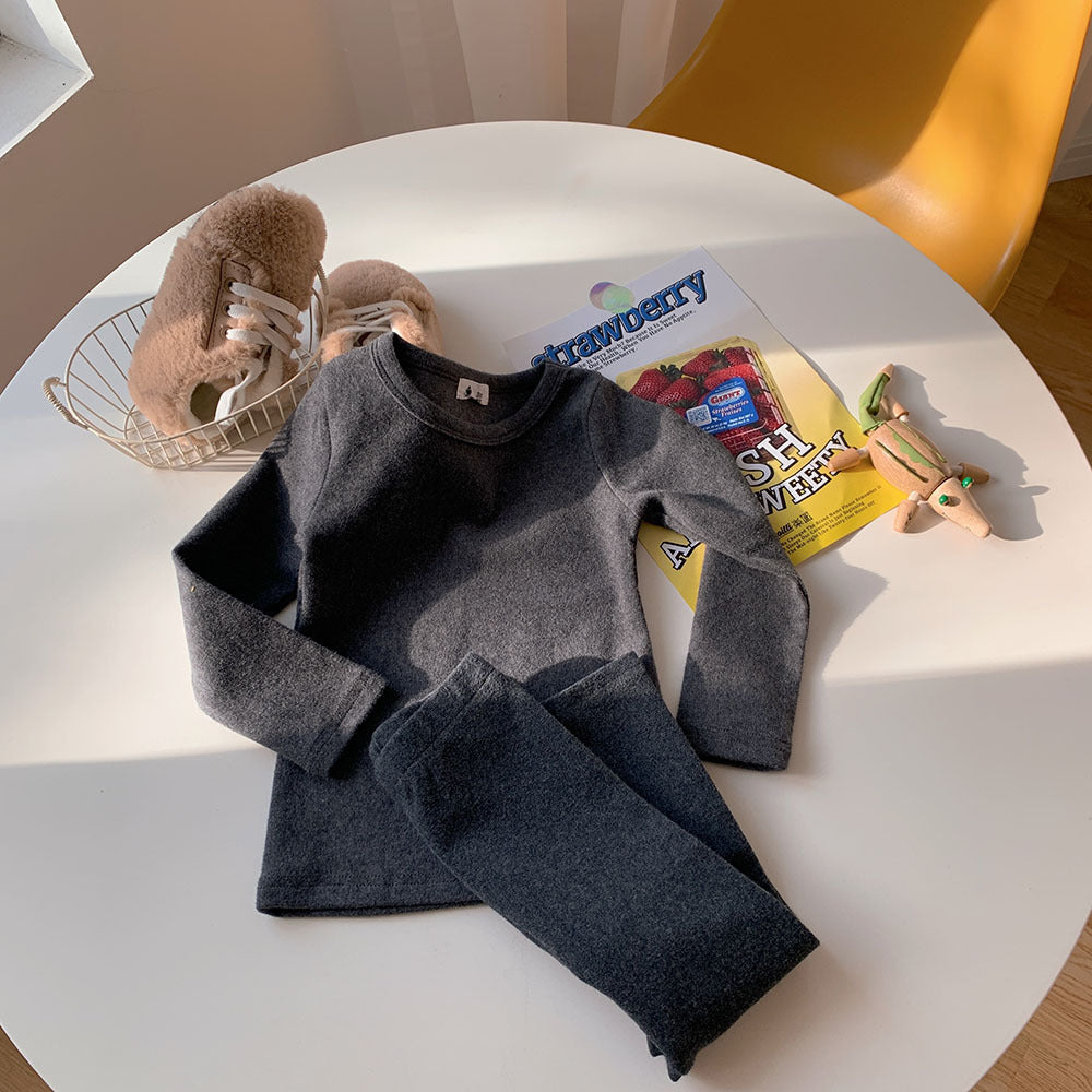 J23113001新款兒童圓領睡衣秋冬保暖棉內衣套裝兒童秋衣秋褲厚款純色家居服