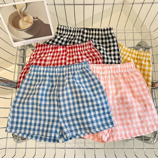 CA23072710夏季沙灘褲外穿百搭格子褲運動褲韓國休閒褲男女童格子短褲