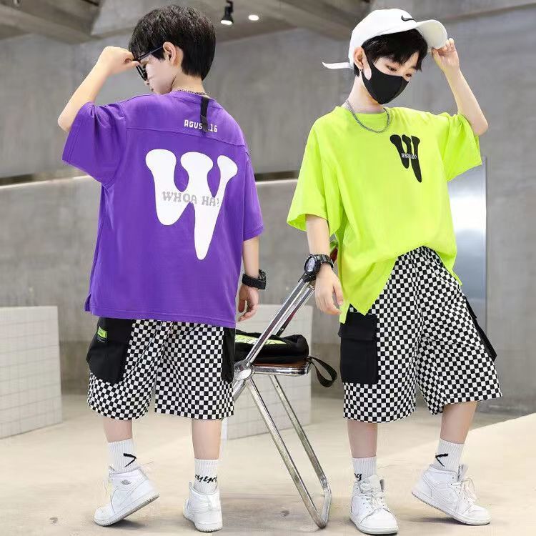 FB24070109男童夏裝套裝2024新款夏季兒童中大童短袖T恤男孩帥氣韓版兩件套