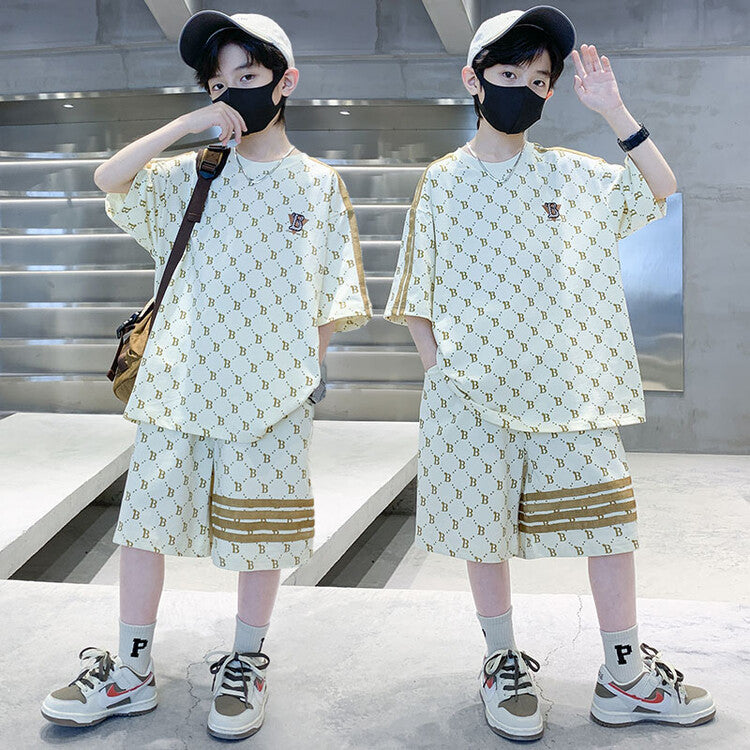 FC24040715男童夏裝薄款T卹短褲洋氣兩件套中大童炸街2024新帥氣寬鬆套裝(9-12天到貨)
