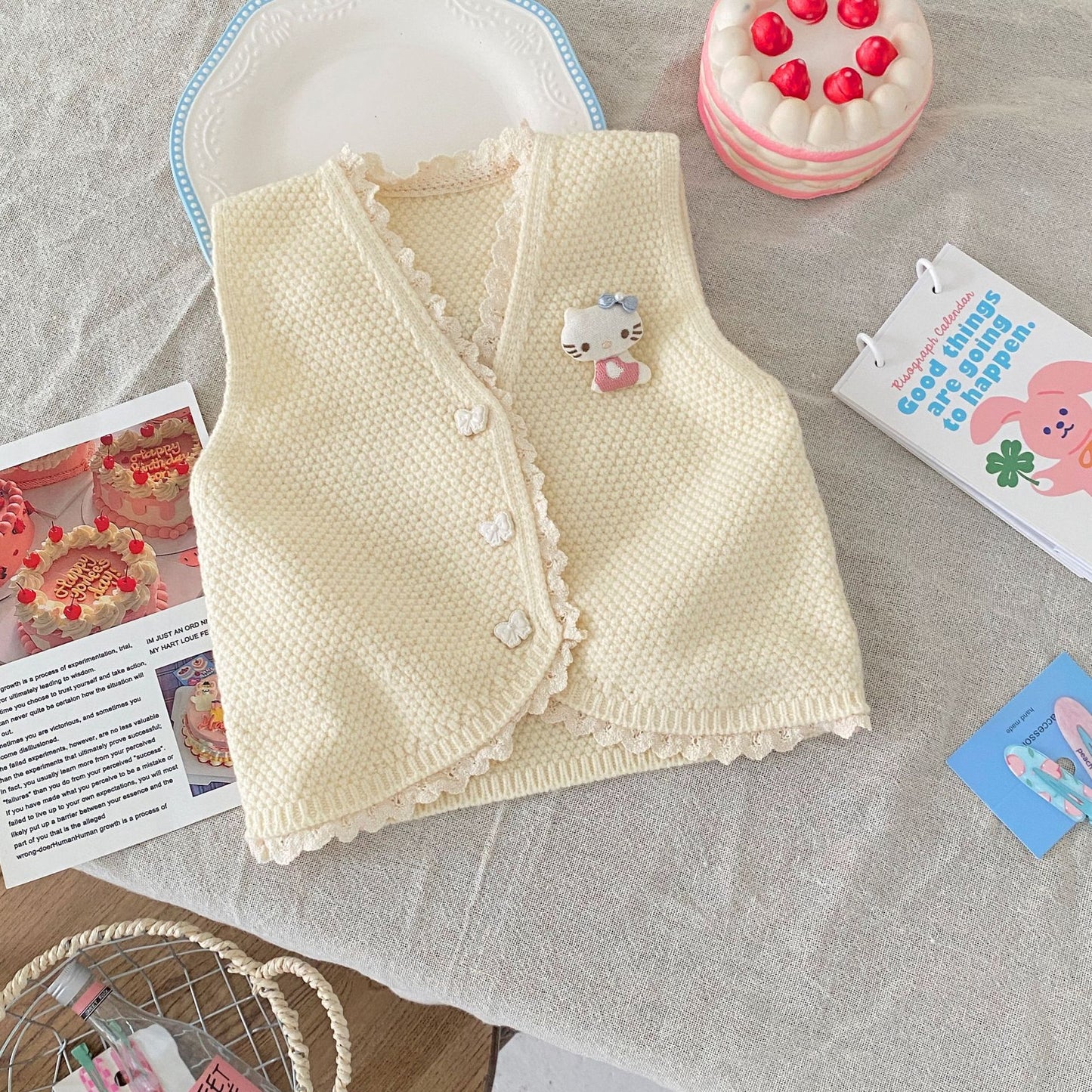 G25092506秋冬新款坎肩V領疊穿開襟背心純色蕾絲邊馬甲女針織衫百搭毛