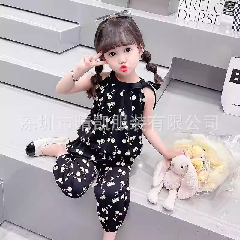 A25072305女童夏裝休閒套裝新款洋氣兒童中小童女孩櫻桃掛脖吊帶兩件套童裝