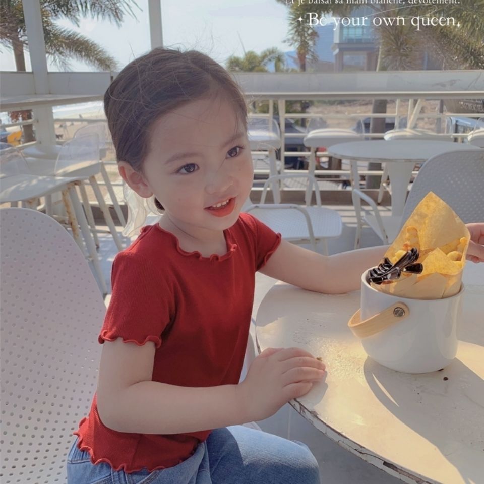 CA23072728新款女童木耳邊夏裝寶寶洋氣打底衫短袖冰絲圓領T恤兒童上衣