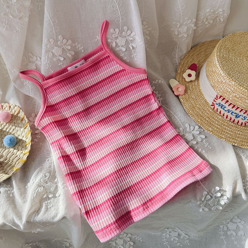 J24022908跨國女童吊帶衫外貿色夏裝女寶無袖上衣卡通刺繡修身彈性休閒背心