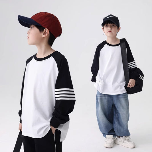 FF24102503秋季童裝撞色長袖兒童上衣2024新款純棉中大童男童長袖t恤(9-12天到貨)