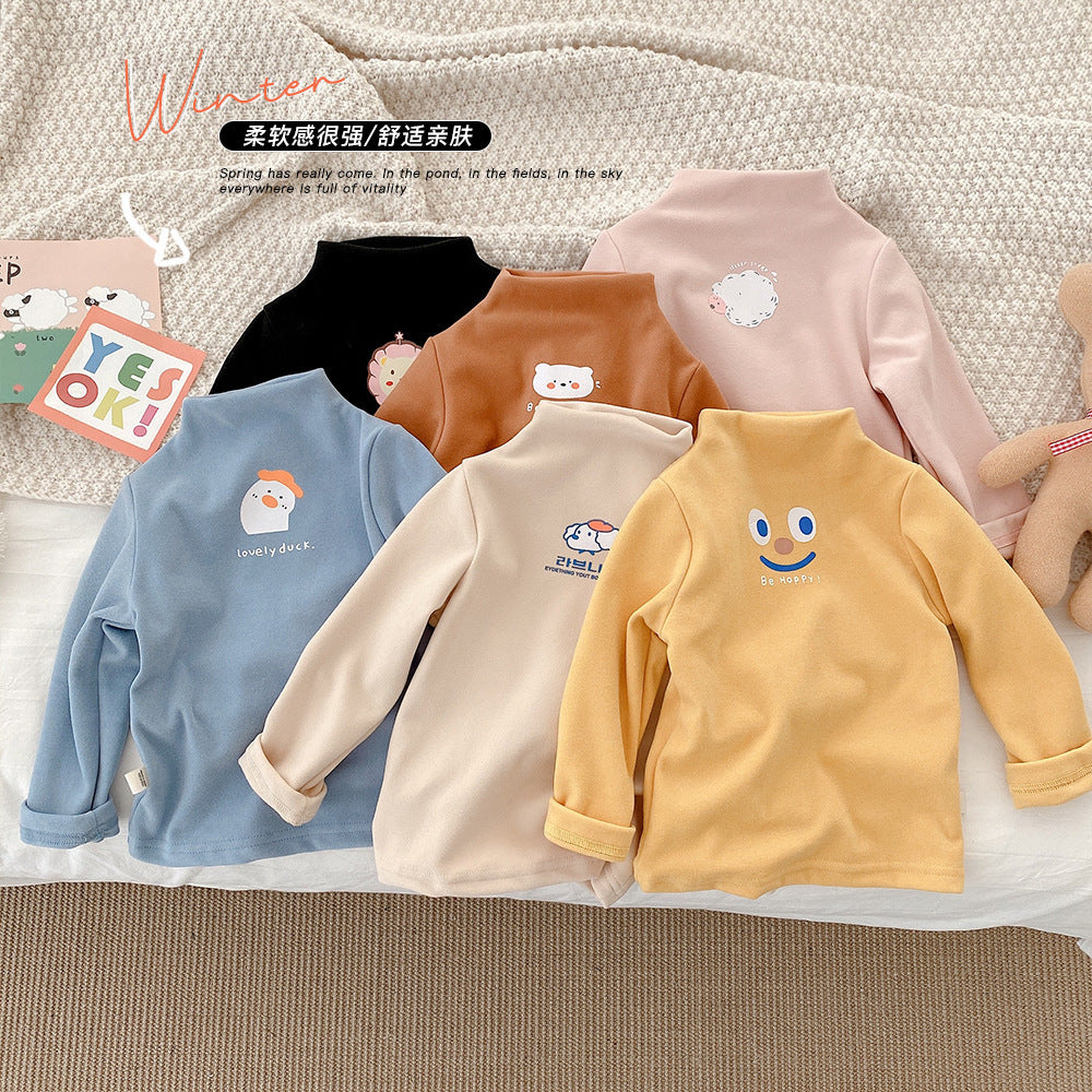 CA24121809兒童保暖德絨打底衫秋冬季裝男女寶寶純色T卹半高領長袖上衣
