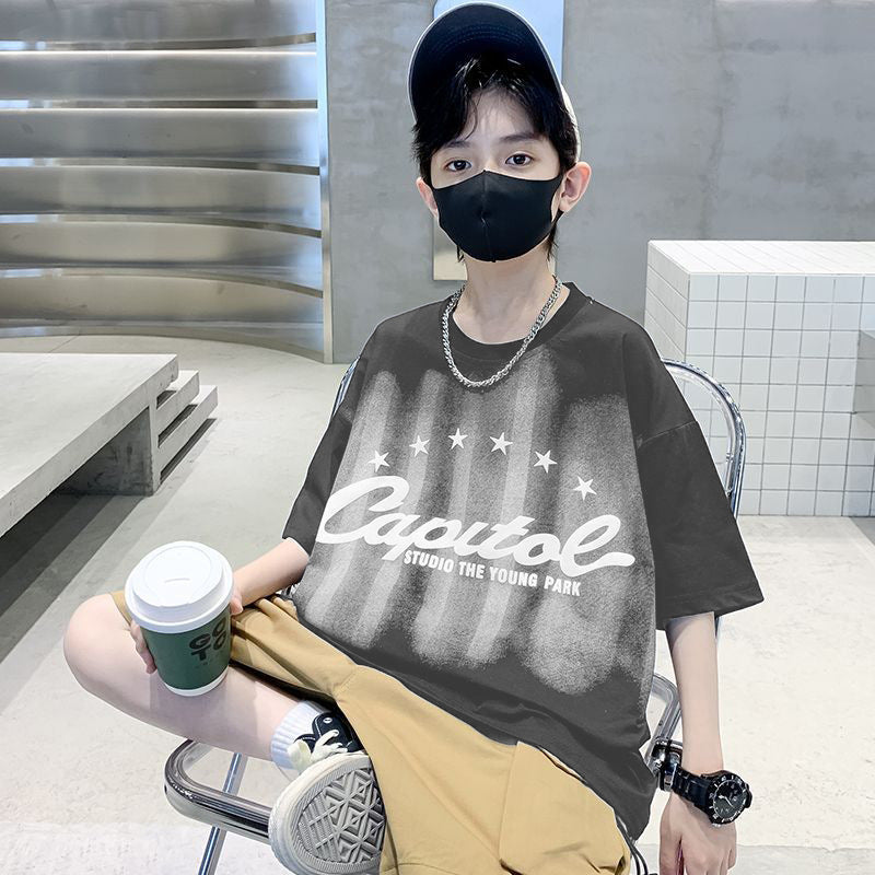F24050706男童夏裝短袖男童2024新款體卹中大兒童夏季潮牌男孩半袖套裝