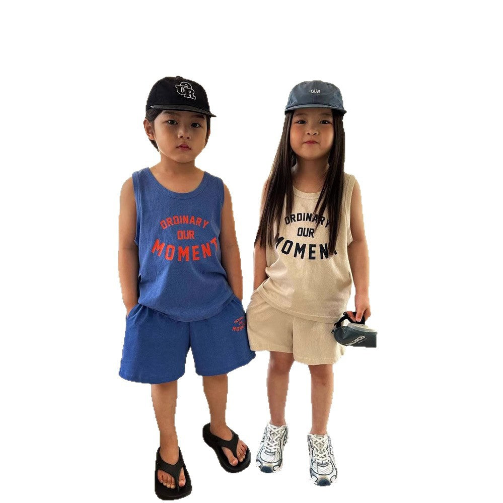 Z25040125歐美跨國童裝兒童字母背心套裝無袖t恤印花圓領男女童夏天兄妹裝