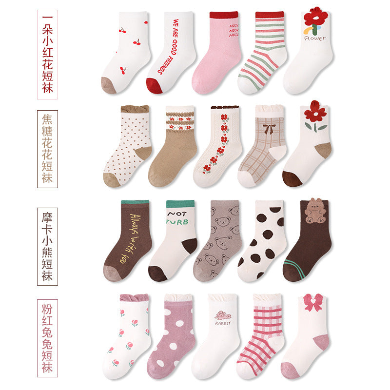Z23101804兒童襪子秋季新款花朵格紋寶寶短襪無骨棉波點可愛女童襪子(5雙起批)9~12天到貨