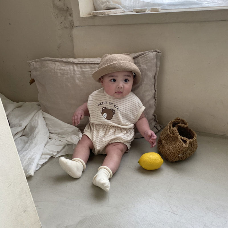 GB23080303韓版ins嬰幼兒條紋小熊短袖連體衣寶寶可愛舒服鬆緊腰爬服夏