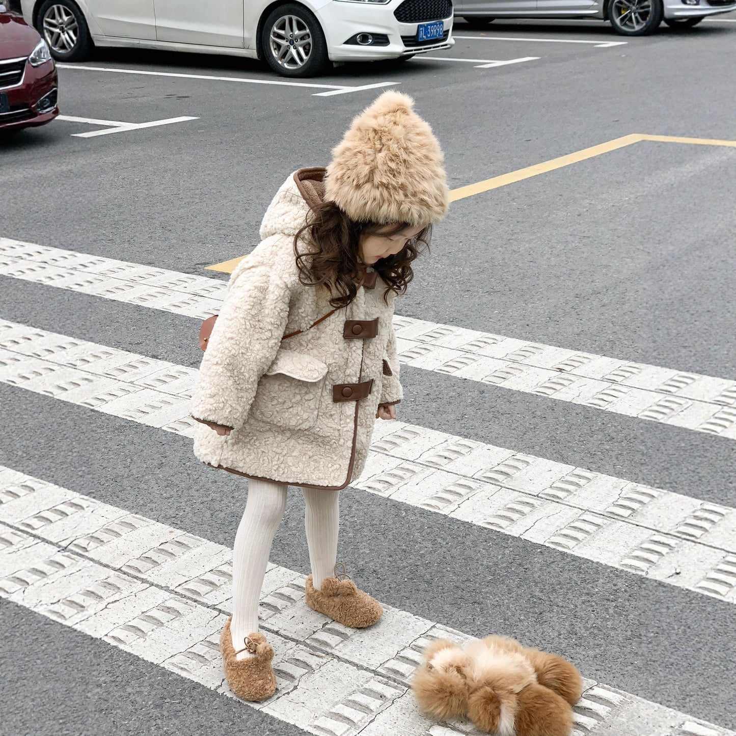 CG25103016童裝冬裝軟糯親膚男女加厚雙面羊絨皮扣連帽中長款保暖大衣裙子