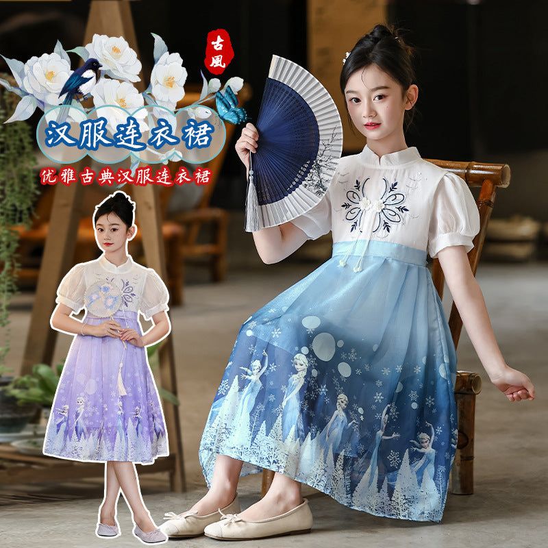 F24050714漢服女童夏裝2024新款大童短袖連身裙兒童風新款夏季唐裝