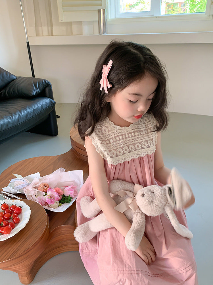 Z240328女童公主裙夏季新款韓版蕾絲繡花無袖背心裙低中小童