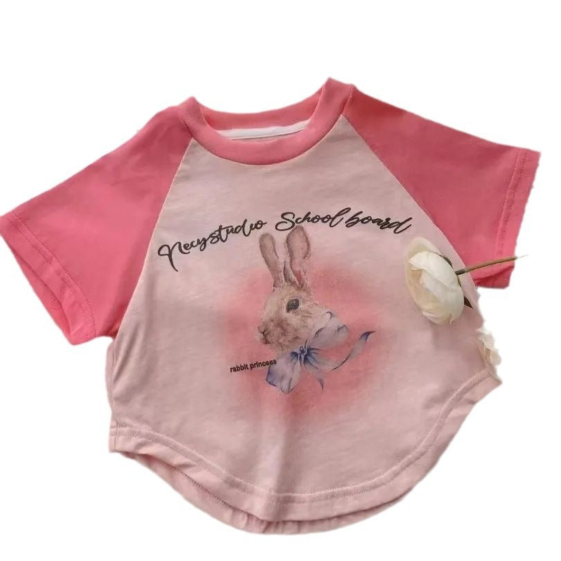 Z25030906女童T恤短袖夏裝韓版卡通兔外穿打底衫洋氣寶寶插肩百搭上衣