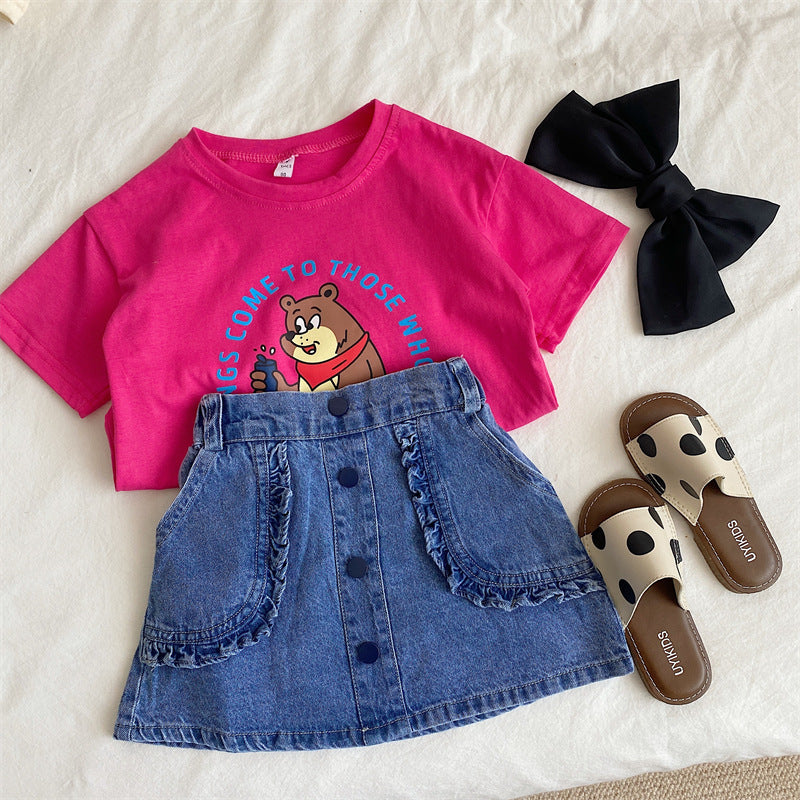 CA24042802韓國童裝兒童童裝兒童洋氣卡通短袖T恤上衣2023夏季時尚小女孩全棉T潮