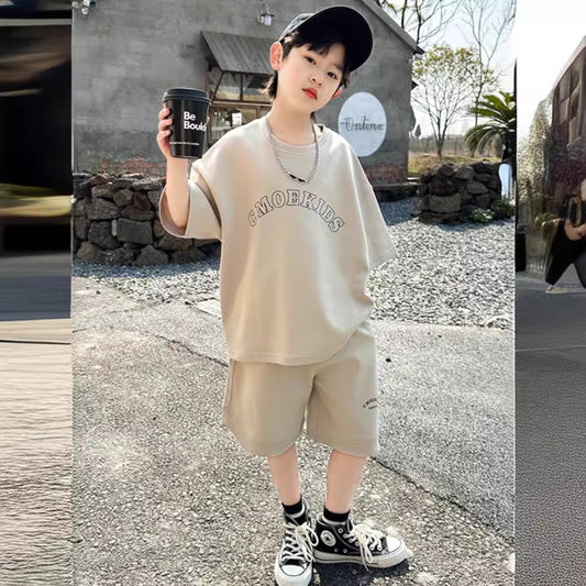 Z2503320男童夏裝運動套裝兒童短袖衣服中大童短褲寬鬆休閒兩件套