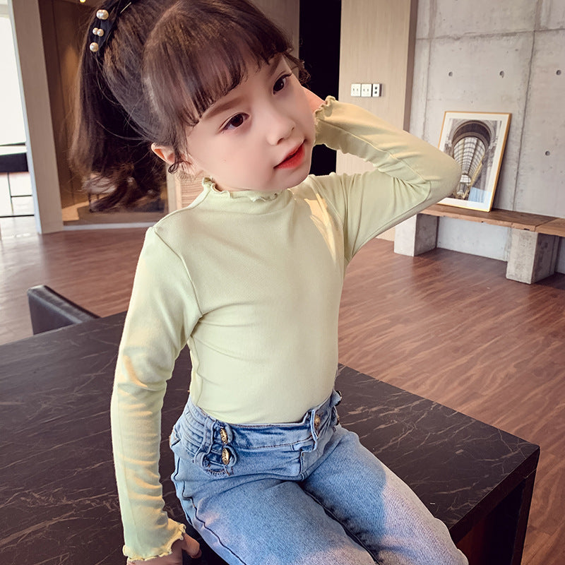 CA23101807女童打底衫新款兒童內搭洋氣蕾絲純色長袖T恤春秋小女孩上衣