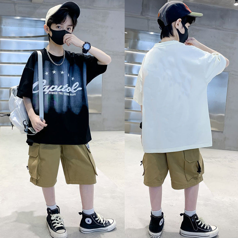 F24050706男童夏裝短袖男童2024新款體卹中大兒童夏季潮牌男孩半袖套裝