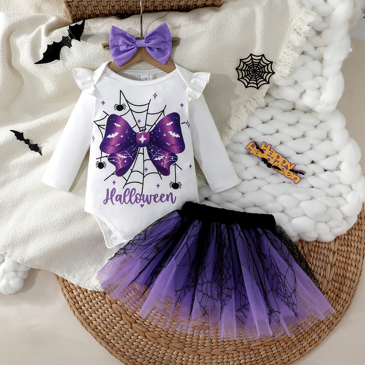 Z25091118邊境萬聖節女嬰嬰幼兒秋季長袖蝴蝶印花連身哈衣+半身裙網紗裙