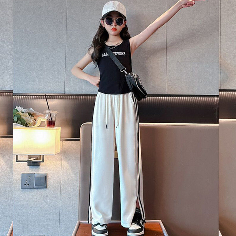 F24050712女童夏裝套裝2024時尚兒童時尚無袖背心寬鬆褲子女大童夏季兩件套