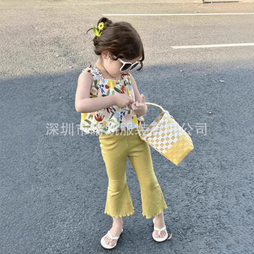 A25072304女童碎花吊帶套裝夏季女寶寶無袖背心喇叭褲兩件套