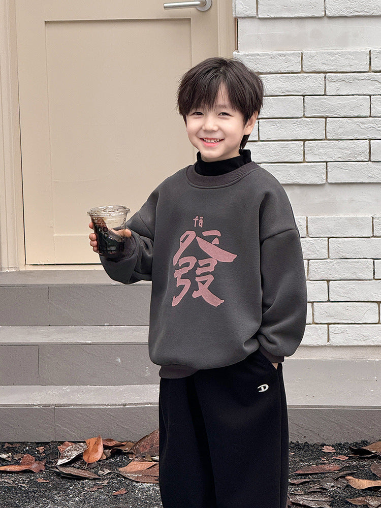 CA24121804男童加絨衛衣2025新款冬季加厚一體絨過年新年紅色喜慶兒童拜年服