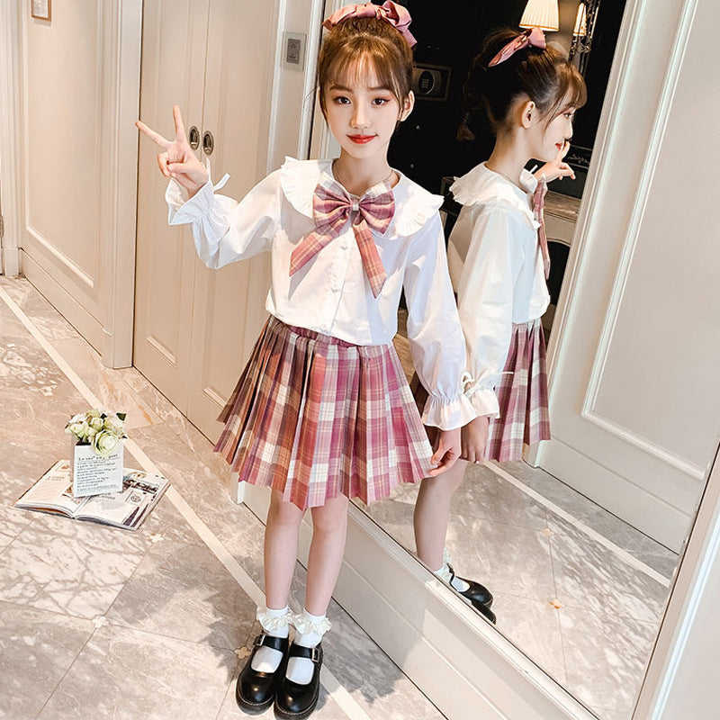 F23090713女童JK套裝春裝2023新款兒童學院風百褶裙中大童蝴蝶結兩件套