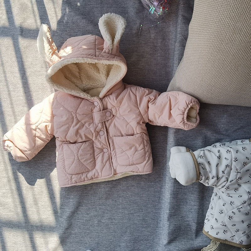 GB24011104韓版女寶寶加絨棉衣冬季加厚兔子耳朵連帽卡通保暖潮搭開襟衫棉服外套