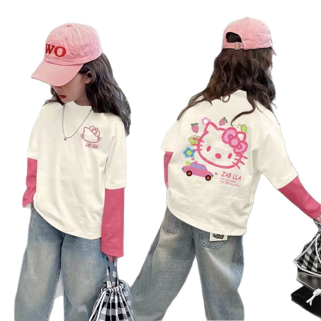 CE25091904純棉女孩拼色可愛長袖T恤秋季網紅潮流卡通動漫燈光打底上衣