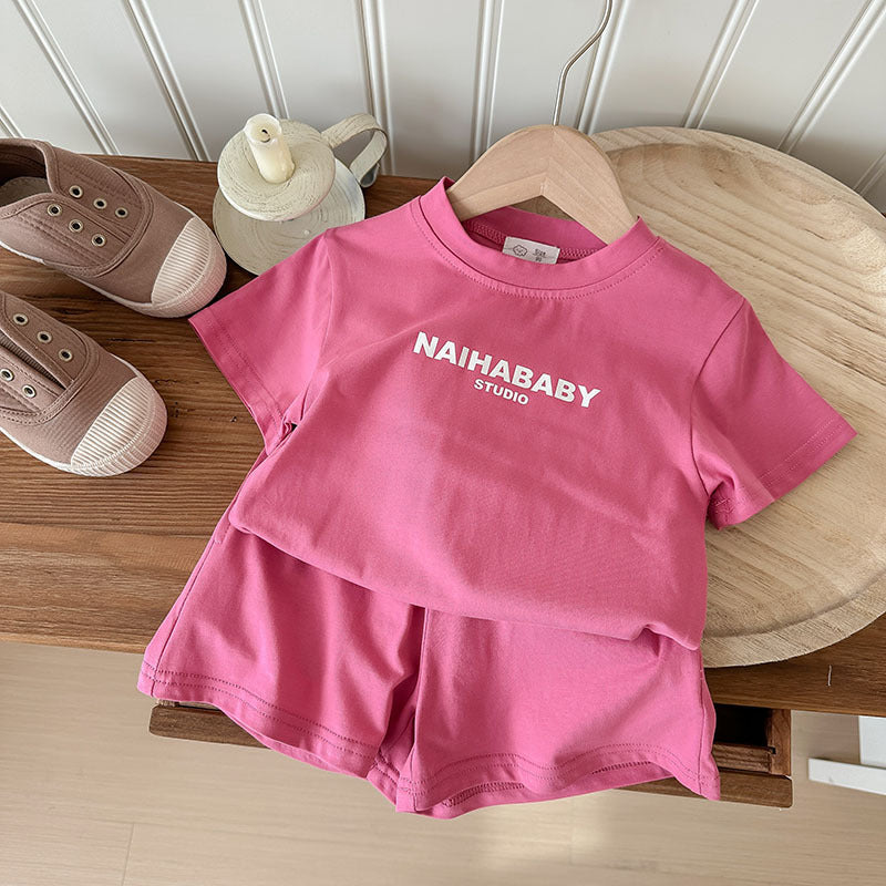 J24022903童套裝2024夏款男童女童寬鬆休閒舒服韓版印花字母兄妹裝運動套裝