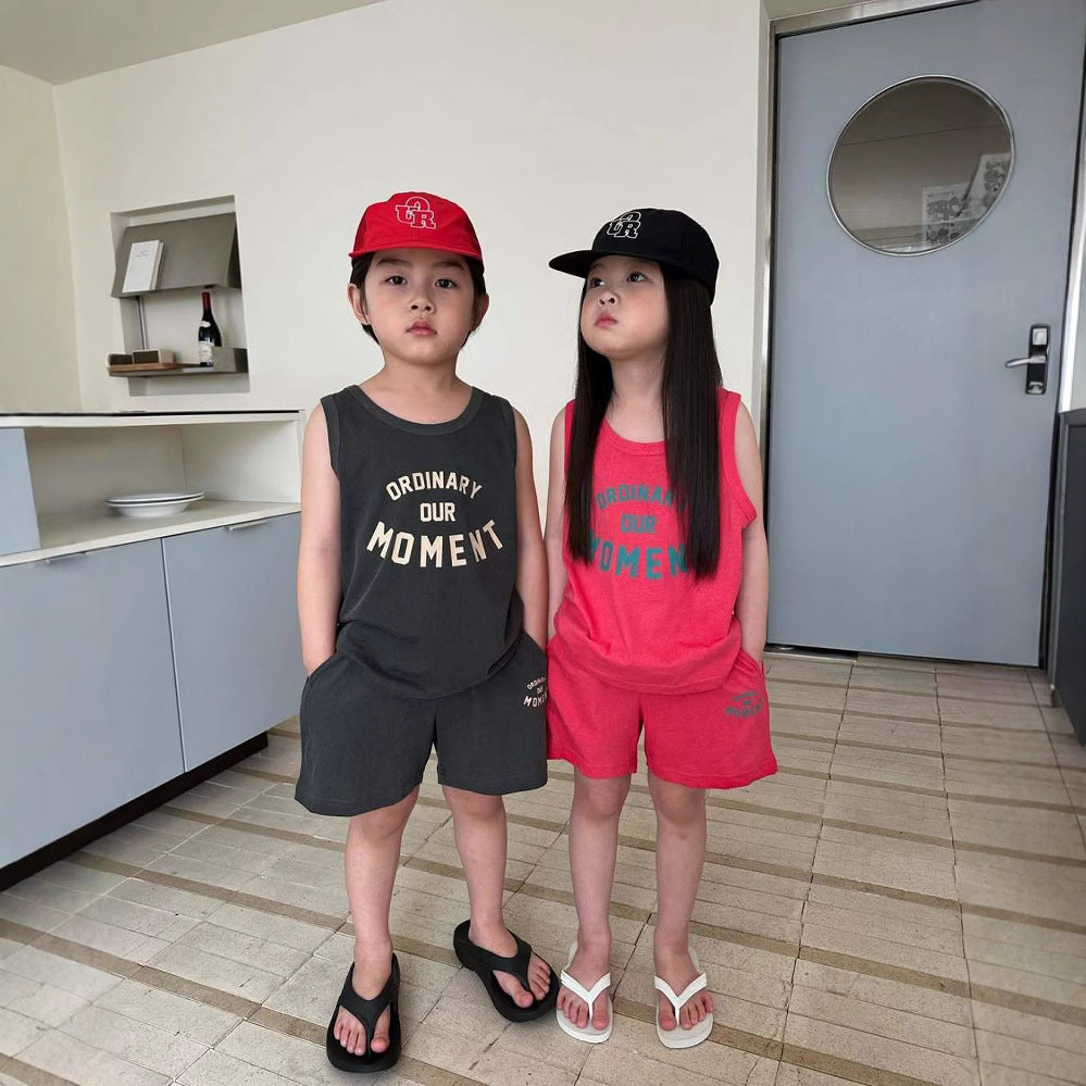 Z25040125歐美跨國童裝兒童字母背心套裝無袖t恤印花圓領男女童夏天兄妹裝