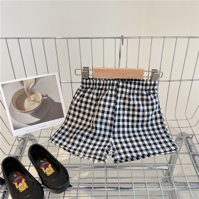 CA23072710夏季沙灘褲外穿百搭格子褲運動褲韓國休閒褲男女童格子短褲