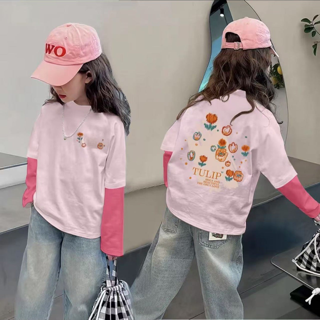 CE25091904純棉女孩拼色可愛長袖T恤秋季網紅潮流卡通動漫燈光打底上衣