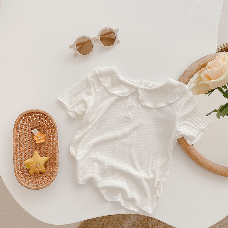 Z25030905女童冰絲短袖T恤夏季薄款女寶寶娃娃領兒童純色百搭上衣打底衫潮